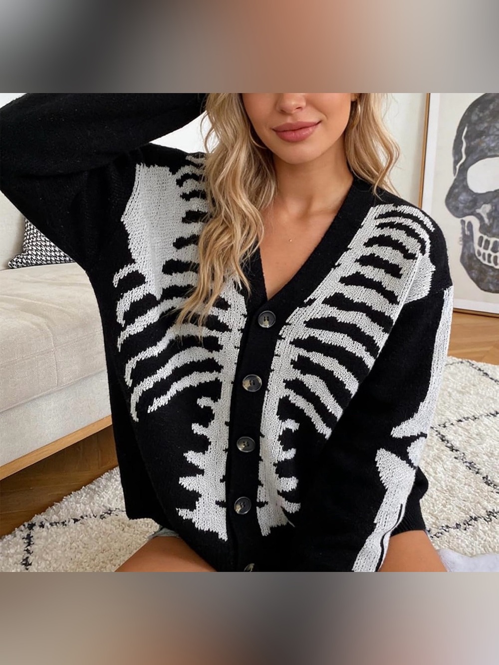 Skeleton Cardigan Oversized Sweater Halloween Gothic Size Large
